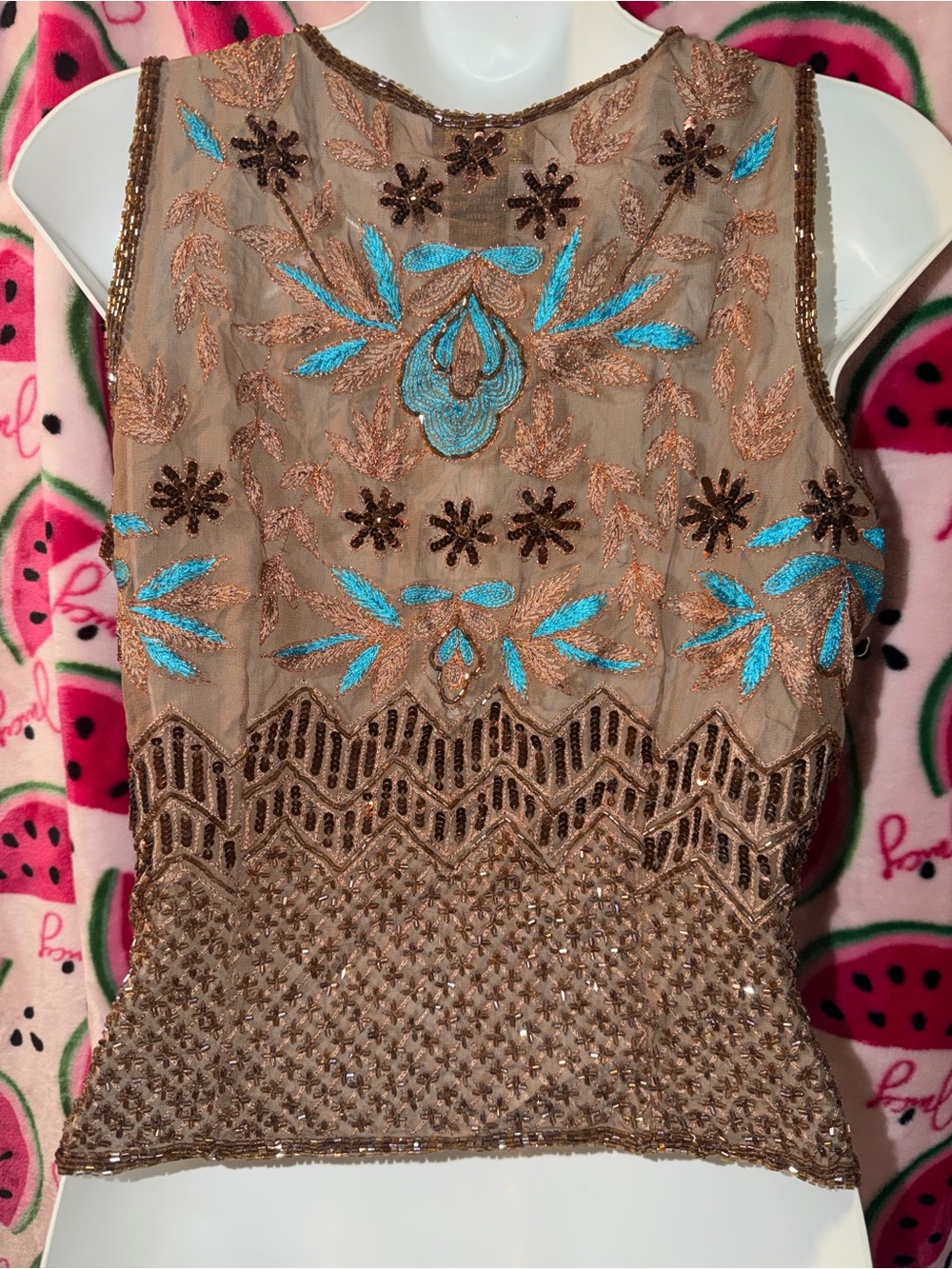 🤎🩵 Vintage Silk Beaded Embroidered Tank Top - Picture 8 of 9